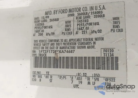 2000 Ford F-150 Work Series/Xl/Xlt z USA, uszkodzony, nr VIN 1FTZF1728YKA74687